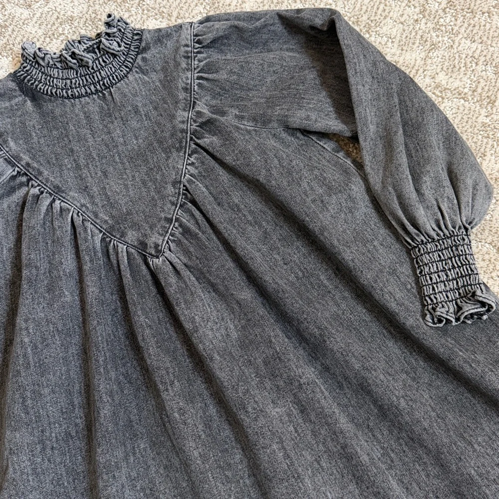 Petite Amalie Girls’ Black Wash Chambray Shirred Neck Babydoll Dress—5Y